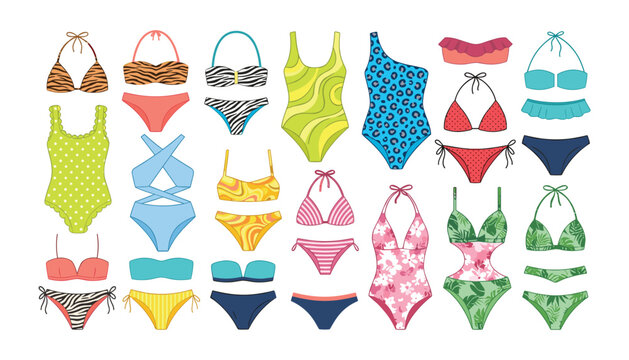 Swimwear and bikini vector illustration set featuring assorted summer swimsuits one piece beachwear and monokinis isolated on white background