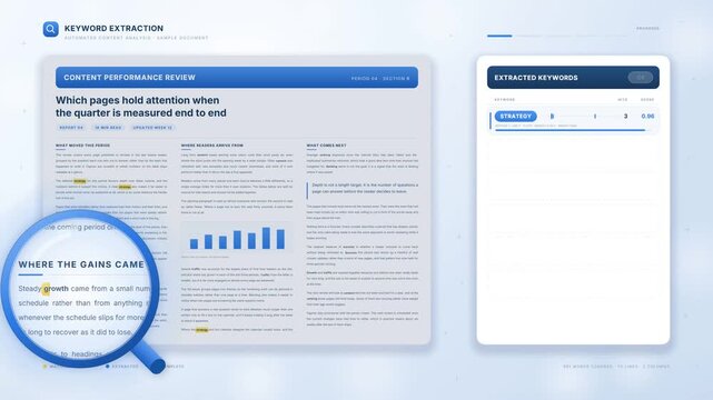 Magnifying glass scanning document text and extracting keyword list on analysis panel