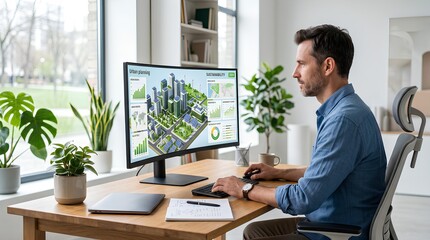 Fototapeta premium Architect designing 3D urban model on computer in office.