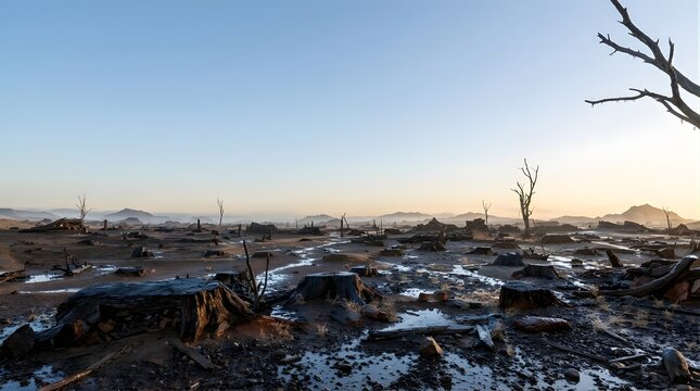 Early morning light over desolate landscape with burnt tree remains
