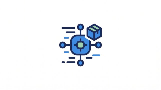 Logistics network optimization concept featuring central process hub with connected delivery nodes and shipping package icon for supply chain management solutions.