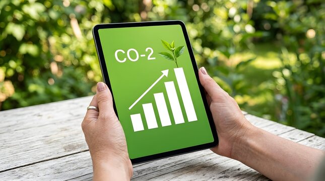 Hands holding a tablet displaying carbon tracking software with CO2 emission data and growth chart