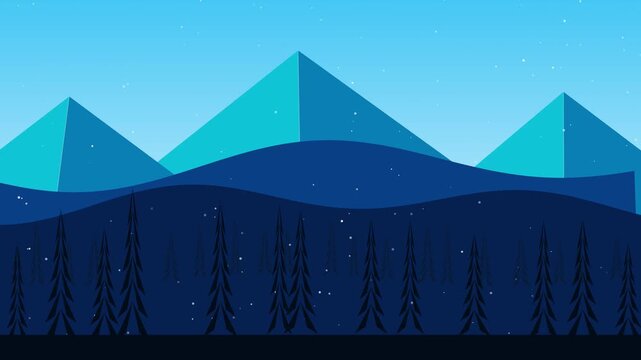 Minimalist winter mountain landscape with falling snow animation