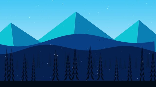 Winter mountain landscape with falling snow animation