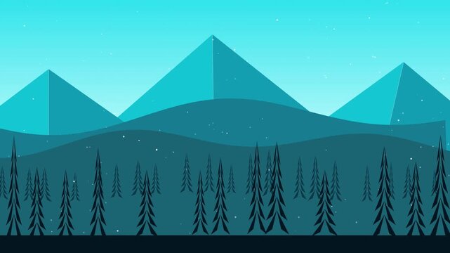 Winter mountain landscape with falling snow animation