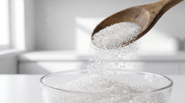 Close Up of White Granulated Sugar Falling from Spoon with Soft Natural Light