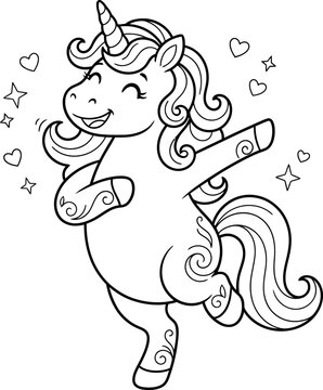 Cute cartoon unicorn performing a dabbing dance move in a fun black and white line art coloring page style