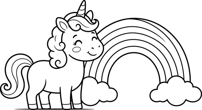Cute little unicorn standing next to a rainbow and fluffy clouds in a simple black and white line art style