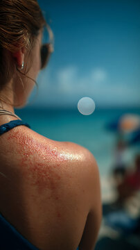 Close up of a sunburnt back with visible peeling patches, ocean and blue sky in the background