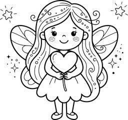 Fototapeta premium Cute little fairy girl holding a heart with magical sparkles for a fun children coloring book page design