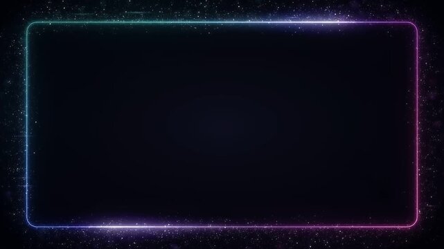 Glowing neon gradient frame border on dark particle background with copy space center