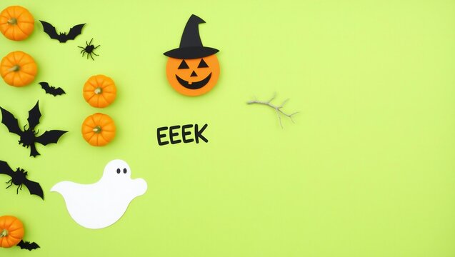 Halloween decorations with pumpkins ghost bats and eek text on a lime green background