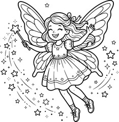 Naklejka premium Cute little fairy flying with a magic wand surrounded by sparkling stars for a children coloring book page