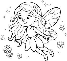 Fototapeta premium Cute little fairy flying with magical sparkles for children coloring book page black and white line art illustration