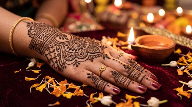 Closeup of henna mehndi design lit by diya glow