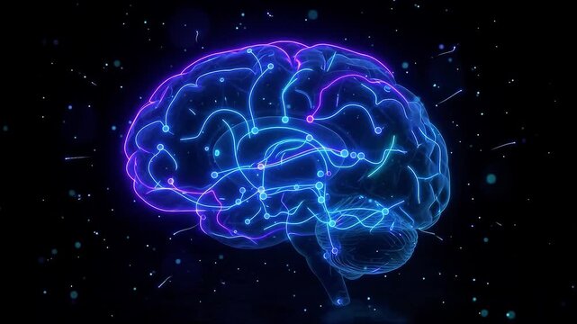 Neon brain constructs itself from energy lines against a dark background in a looping animation animation