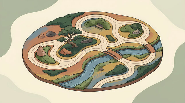 An aerial view of a stylized miniature landscape featuring winding paths, a flowing river with bridges, and small islands with trees and rocks, all within an oval shape.