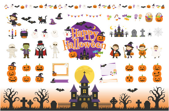 ハロウィンのイラストセット 魔女・おばけ・かぼちゃ・ハロウィン城・お菓子・フレーム・背景