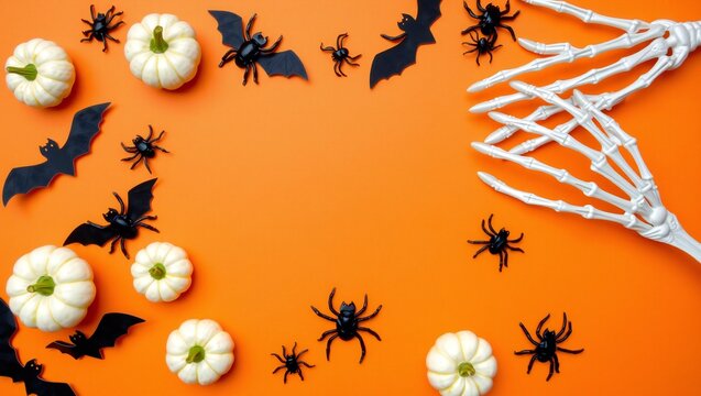 Halloween background with white pumpkins black bats spiders and skeleton hands on an orange surface