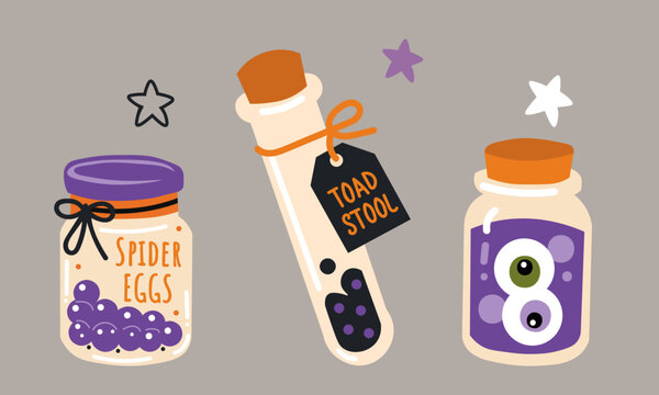 Halloween potion jars with spooky labels &mdash; spider eggs, toad stool, and eyeballs. Cute vector illustration in flat style for seasonal decor, stickers, and magical design projects.