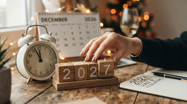 Close up hand flipping final wooden cube block change year numbers 2026 new year 2027 next classic white alarm clock time planning future career resolutions concept calendar celebration background