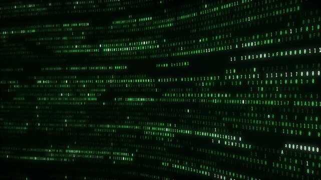 Green binary code streaming in curved rows across a dark digital data background
