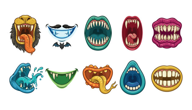 Scary monster mouth vector icon set with sharp fangs creepy alien teeth spooky tongues for Halloween design assets