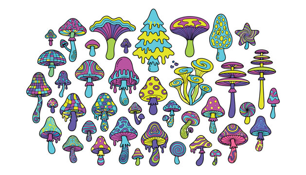 Psychedelic neon mushroom vector set featuring trippy melting fungus elements and retro hippie acid design components for creative artwork
