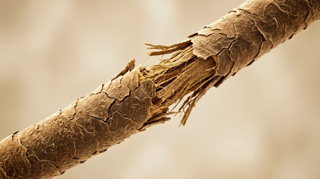 A close-up view of a severely damaged human hair strand with visible split ends and fractured cuticle.