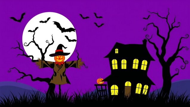Scary halloween scene with a scarecrow and a haunted house under a full moon in a purple night sky