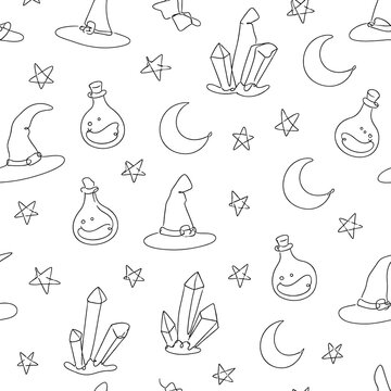 Seamless line art Halloween pattern with witch hat potion bottle crescent moon and crystals continuous vector line design for background wallpaper coloring book