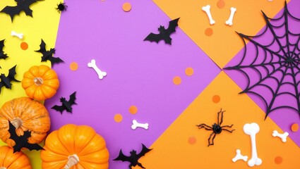 Fototapeta premium Happy halloween background with orange pumpkins black bats purple spider web and white bones on a colorful geometric paper surface