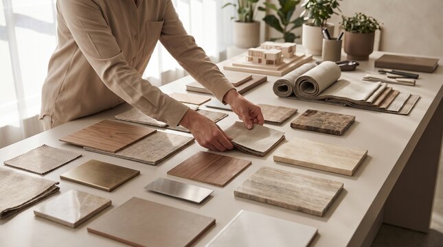 Interior designer hands, selection of marble wood fabric and metal sample swatches, arranging material mood board layout, on large desk in modern design studio, interior design photography