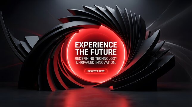 Abstract dark background with a glowing red circular portal and futuristic text about experiencing the future