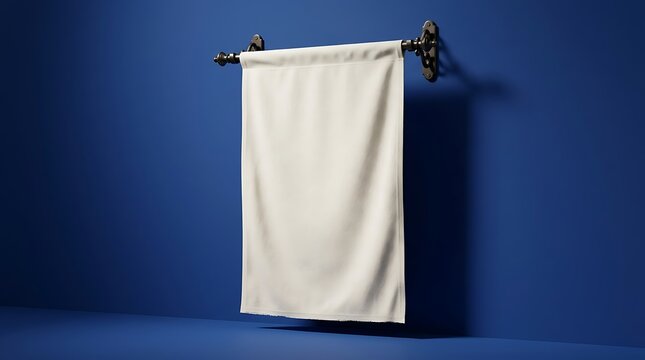 Blank White Fabric Banner Hanging On Industrial Metal Pipe Against A Vibrant Blue Wall Background For Mockup Design