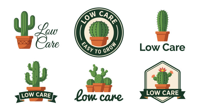 A delightful collection of logos featuring low care cacti, emphasizing the ease of growing these resilient plants in various stylized designs.