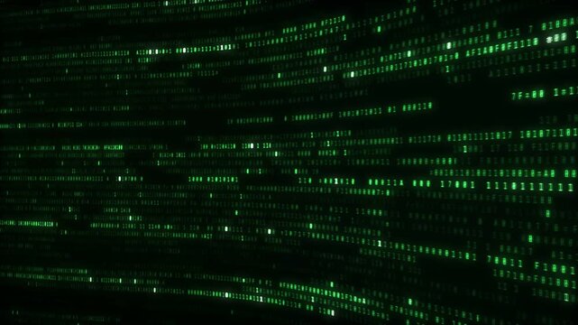 Green binary code rows flowing diagonally on a dark abstract technology background