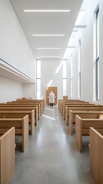 Modern synagogue interior with rows of wooden pews and high ceilings.