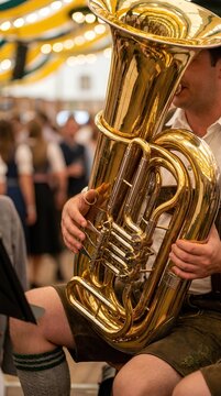 Musician playing large brass tuba at a traditional outdoor festival.