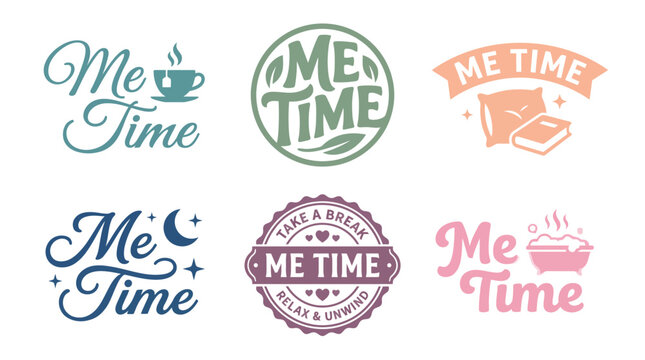 A delightful collection of 'Me Time' logos promoting relaxation and self-care, emphasizing comfort, leisure, and the importance of taking breaks to unwind and recharge.