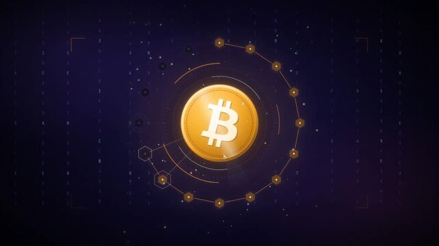 Golden bitcoin coin with rotating blockchain hexagon ring and hex code background