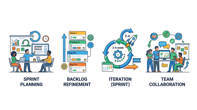 Agile software development workflow vector illustration showing sprint planning, backlog refinement, iteration, and team collaboration