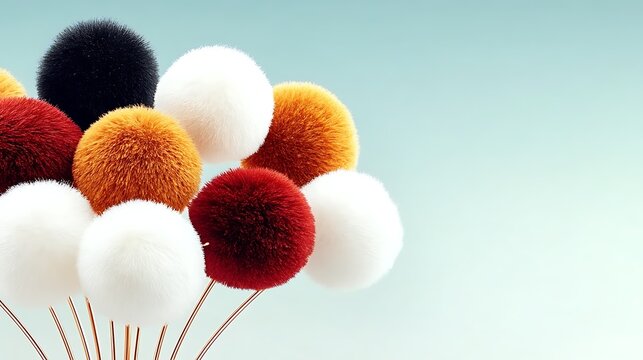 Pom-pom fashion detail pom pom accent colorful fluffy pom poms on thin stems arranged in bouquet against soft light blue background