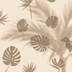 Minimalist tropical leaf shadow pattern featuring silhouettes of monstera deliciosa and palm fronds cast on a light neutral beige surface for aesthetic background design. © Tan Jia Hui