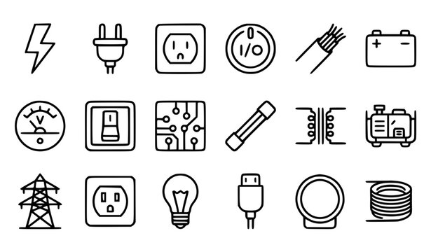 Electricity Electrical Components and Power Editable Stroke Outline Vector Icon Set