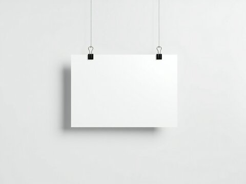 Blank white paper poster mockup hanging with two black metal binder clips