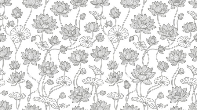 Floral Pattern, Lotus Flowers, Hand Drawn Illustration
