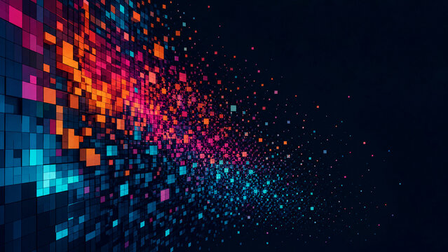 Abstract digital pixel background, glowing neon square particles, futuristic data visualization with blue and orange light effects
