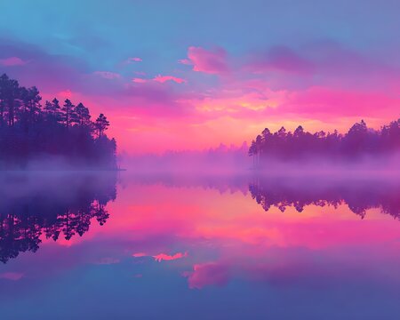 Christmas cinematic fog layers over lake vibrant pink and blue sunset over misty forest lake with perfect water reflection and calm atmosphere