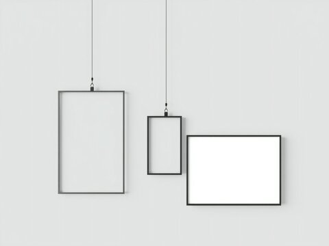 Three black empty picture frames hanging from the ceiling for art display